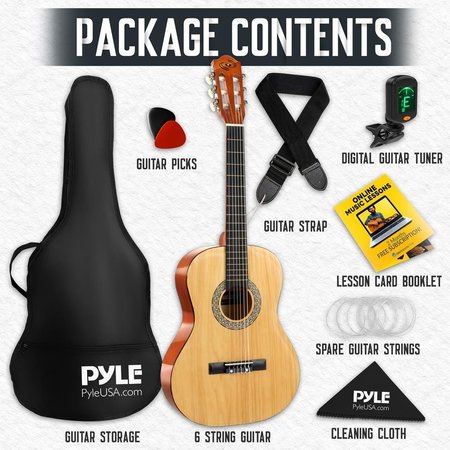 Pyle 36'' -Inch 6-String Classical Guitar - Guitar with Digital Tuner & Accessory Kit, (Nature Color) PGACLS82LFT